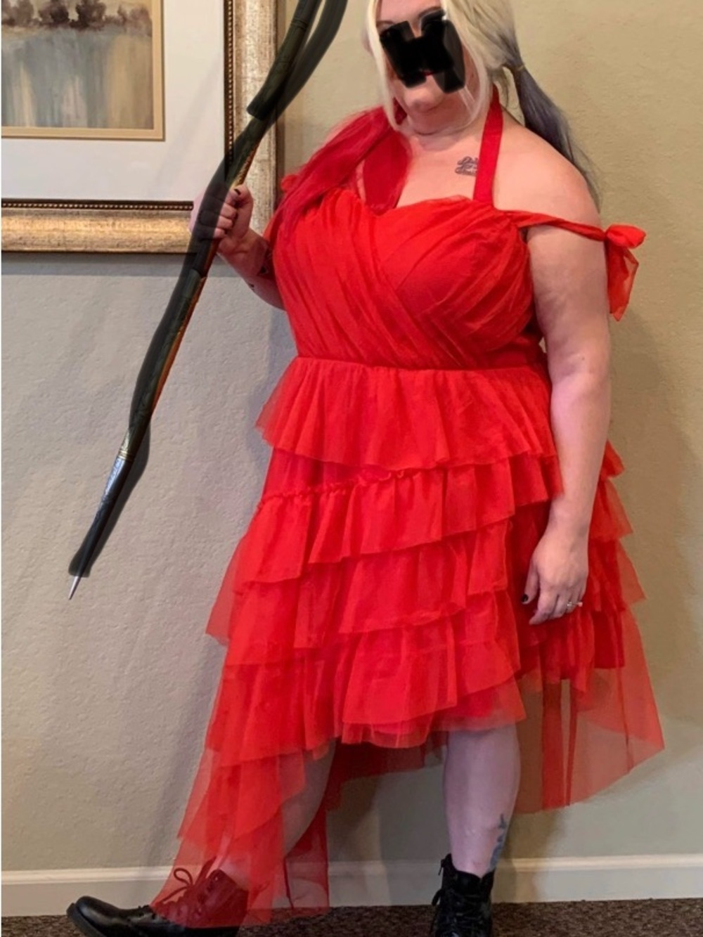 DC torrid Harley Quinn Red Ruffled Halter High-Low Dress SS wig included